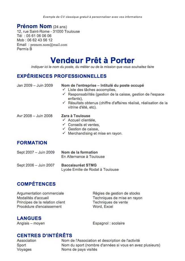 exemple cv simple doc