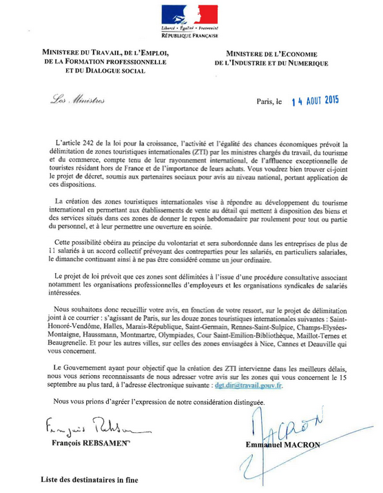 travail dominical lettre emmanuel macron et françois rebsamen aux organisations syndicales et à la mairie de paris